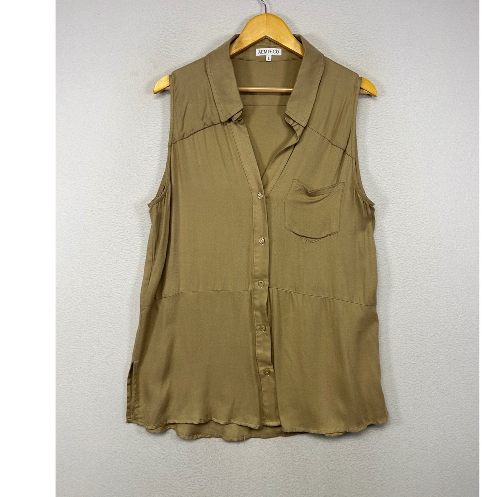 Safari AEMI + CO Womens Large Tan Sleeveless‎ Button Down Rayon Blouse 6779